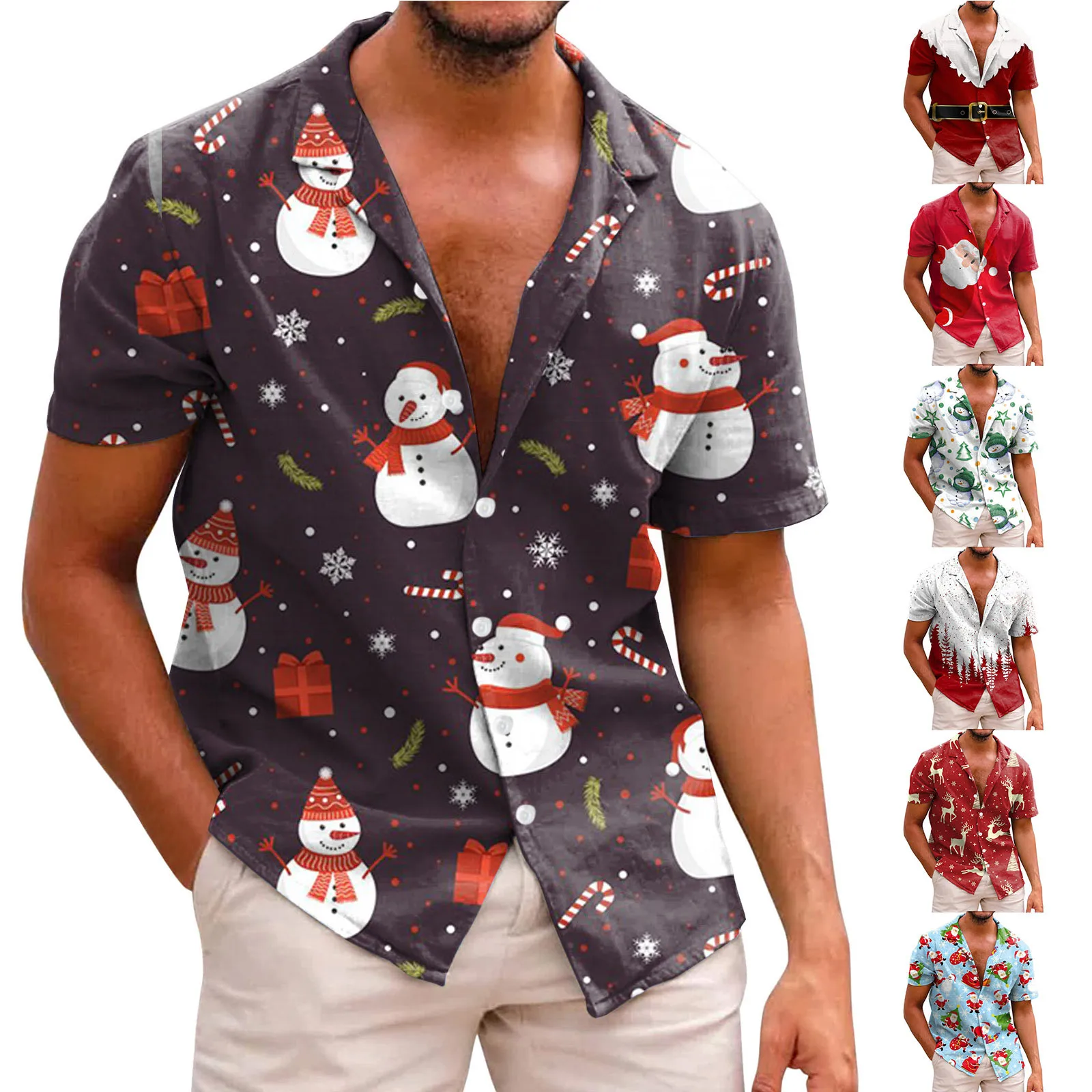 

Mens Fashion Casual Christmas Short Sleeved Printed Shirt European American Style Geometric