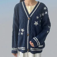 Midnight Dark Blue Cardigan Women Casual Fashion Star Embroidery Sweaters Femmes Autumn Winter Loose Fit Knitted Cardigans Tops 2