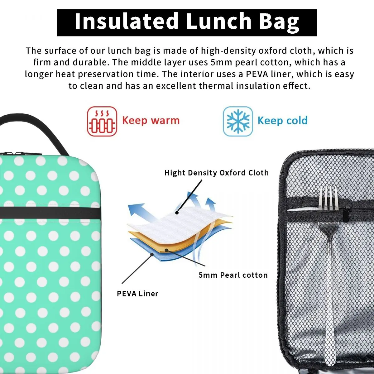 White Polka Dots On Mint Portable Lunch Box for Women Leakproof Thermal Cooler Food Insulated Lunch Bag Kids School Children