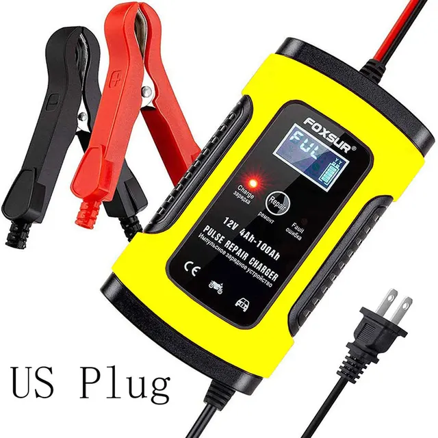 12V 7-Stage Pulse Repairing Charger with LCD Display Motorcycle & Car Battery Charger AGM GEL WET Lead Acid Battery Charger US plug Yellow