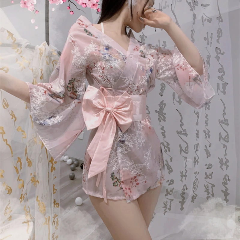 Sexy Embroidery Sakura Kimono Japanese Clothes Seductive Pink Blue Classical See-through Robe Passion Bathrobe Belt Pajamas Suit массажер sakura sa 5306bl white blue