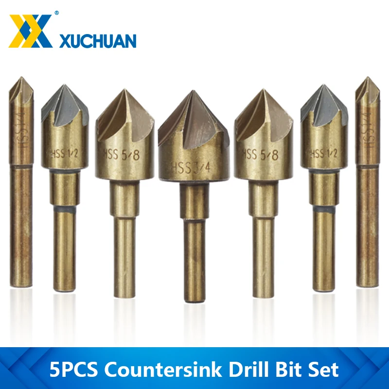 82 Degrees Countersink Drill Bit 5pcs 5 Flute Chamfering Cutter Drill HSS4341 Wood Metal Hole Cutter