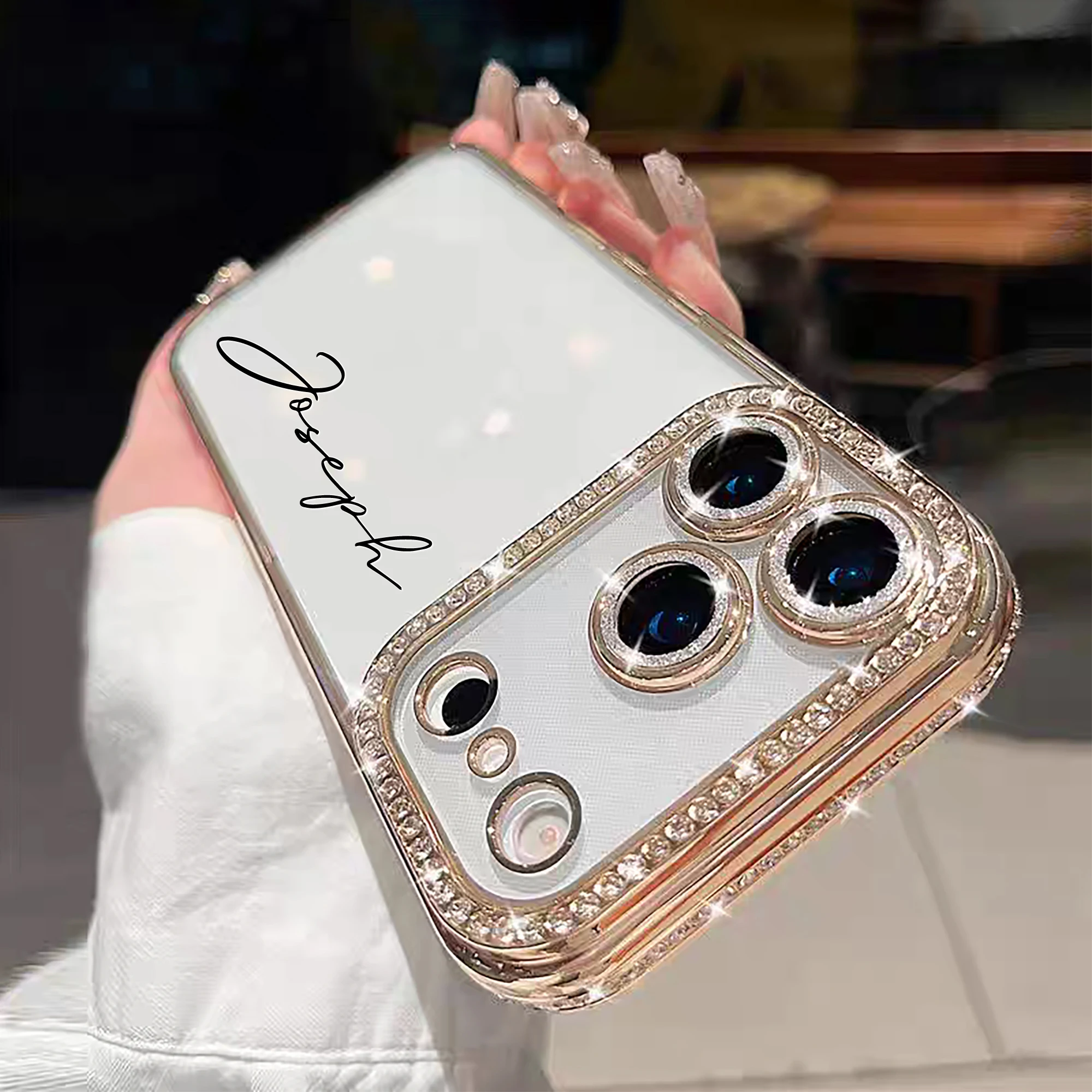 Custom Letters Name Starry Orange Rhinestone Glitter Frame Transparent Phone