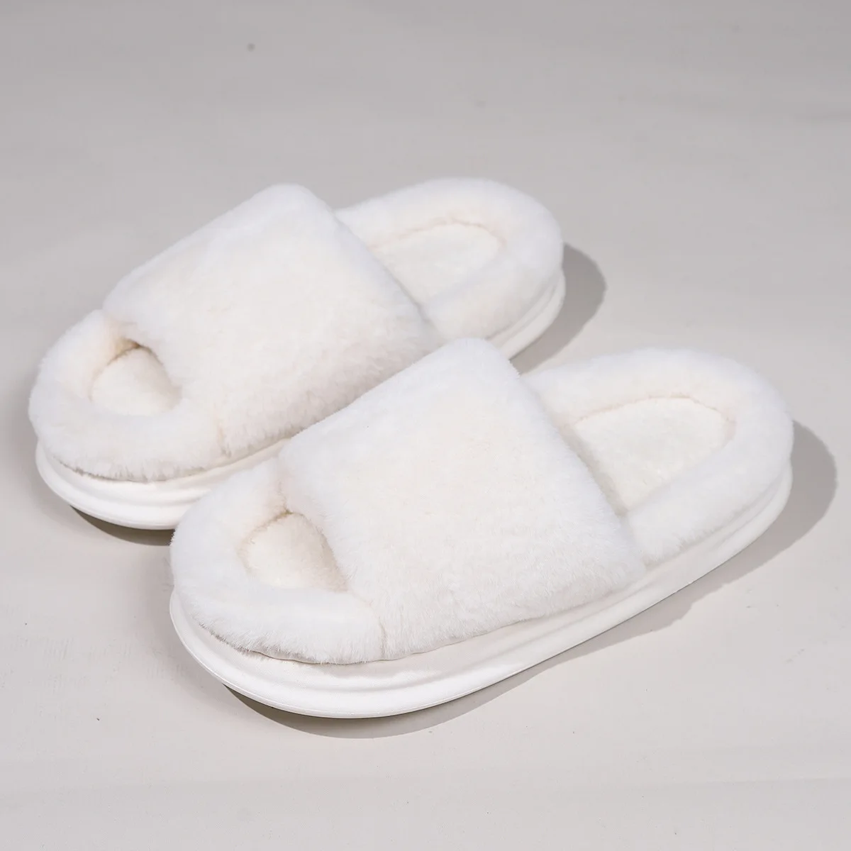New Fashion White Fluffy Slippers Women 2025 Winter Warm Thick Sole Home Cotton Shoes Woman Open Toe Faux Fur Platform Slippers 5