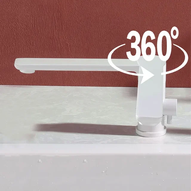 ก๊อกน้ําอ่างอาบน้ําทองแดงเต็มรูปแบบกระบอกด้านข้างแยกชุดสามชิ้นอ่างอาบน้ําเคาน์เตอร์ฝักบัวก๊อกน้ําสีขาวหมุนได้ 360 องศา 2