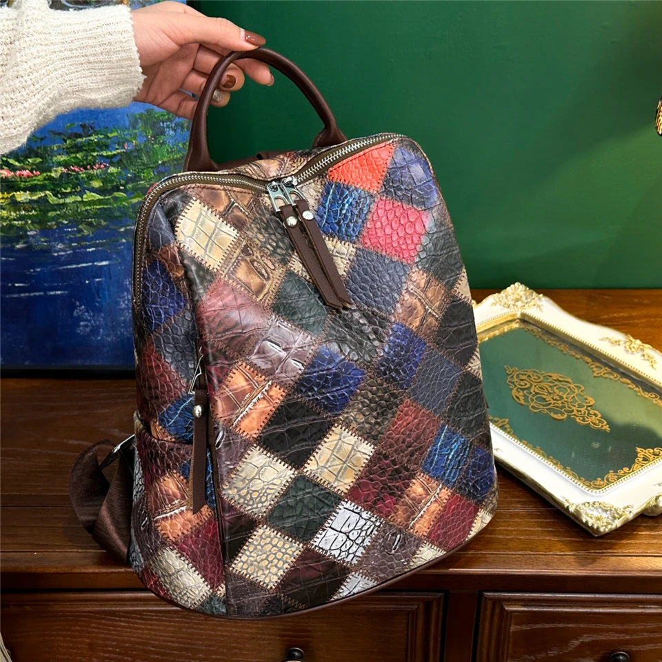 Fashion Plaid Backpack Women Soft Leather Daypack Female Large Rucksack Travel Bag Ladies Bagpack Big School Backpack for Girls