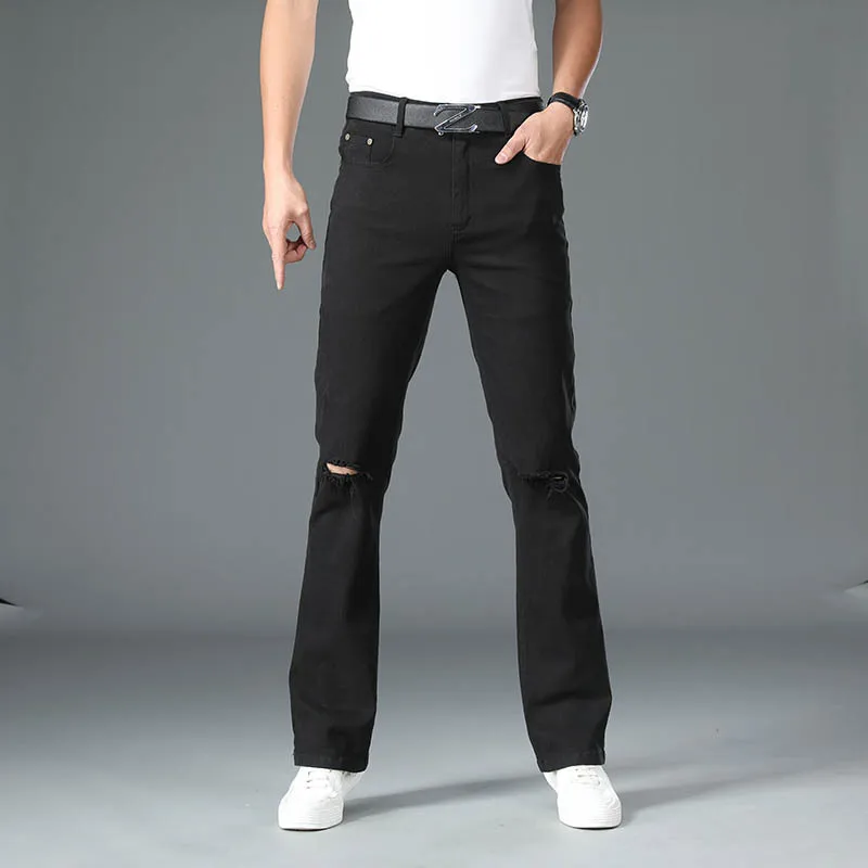 

Black New Bell Bottom Jeans Autumn Men's Smart Casual Boot Cut Jeans Business Wide Leg Pants Knee Holes Ripped Flare Trousers