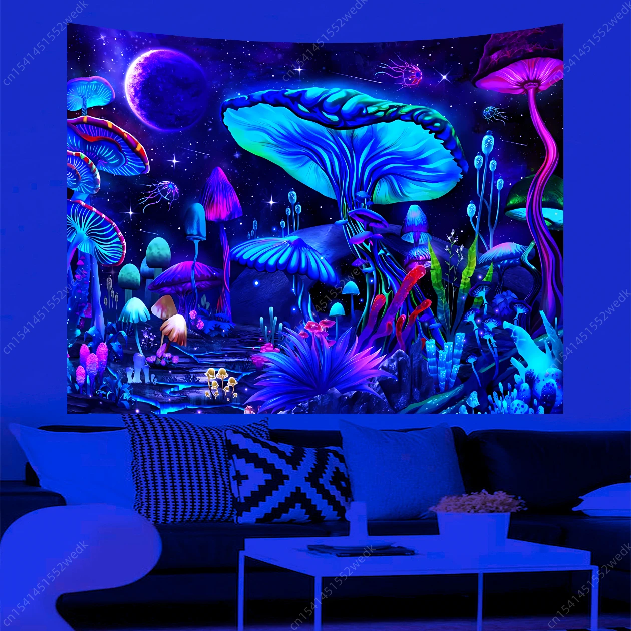 Mushroom Moon Uv Reactive Tapestry Wall Hanging For Living Room Bedroom Home Decor Room Decor Party party decorations tapestry decorations