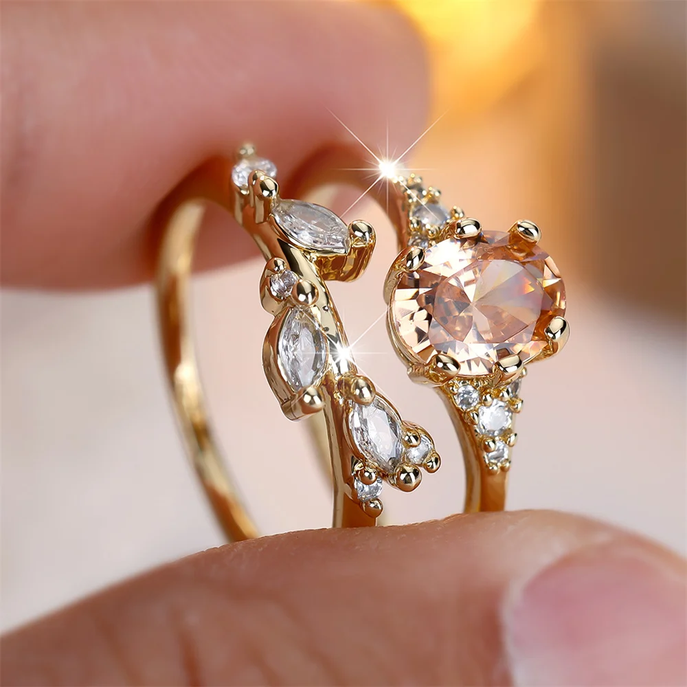 Champagne Crystal Oval Stone Tree Leaf Ring Sets For Women Vintage Gold Color White Zircon Engagement Rings Set Bridal Jewelry