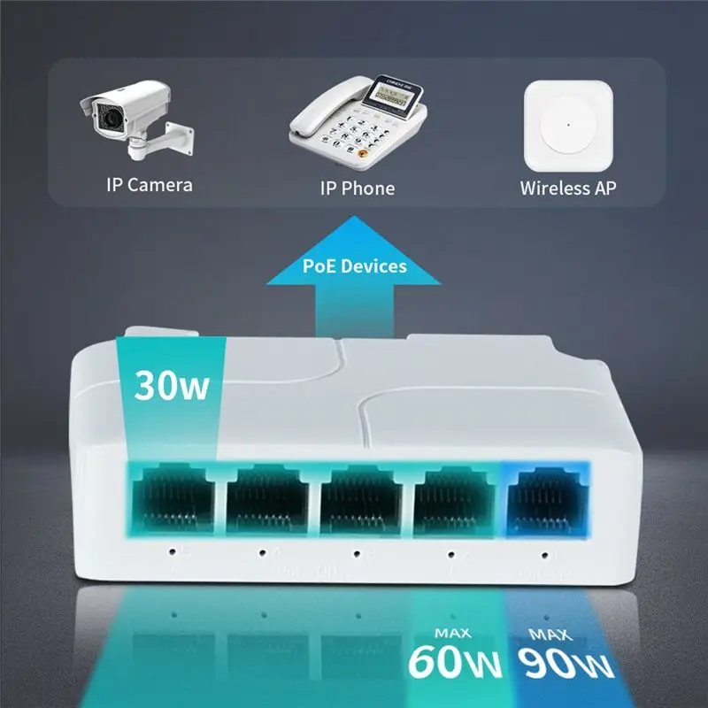 고급 5포트 10/100Mbps POE 익스텐더 1입력 4출력 네트워크 스위치 리피터, Poe 스위치 NVR IPC용 IEEE802.3Af/At/Bt 지원