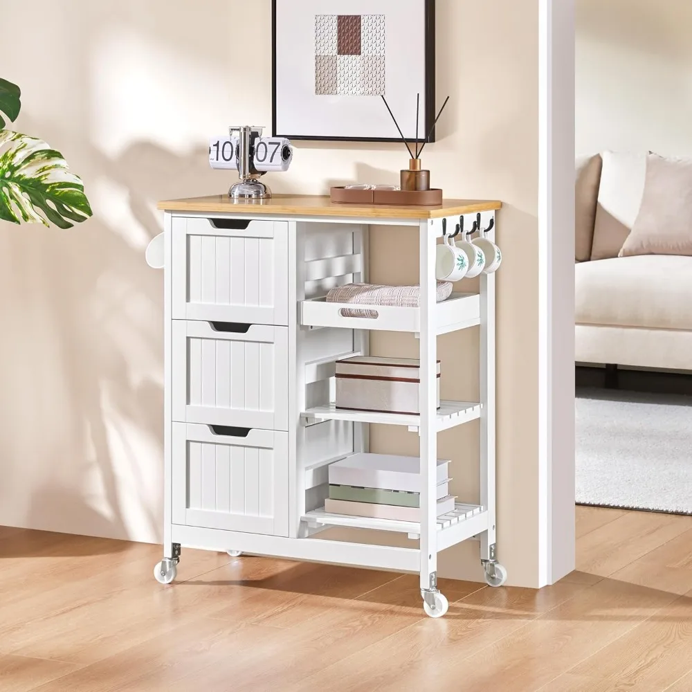 Kitchen island cart on wheels with bamboo countertop, 3 drawers, 3 removable shelves, lockable casters, storage cabinet 3