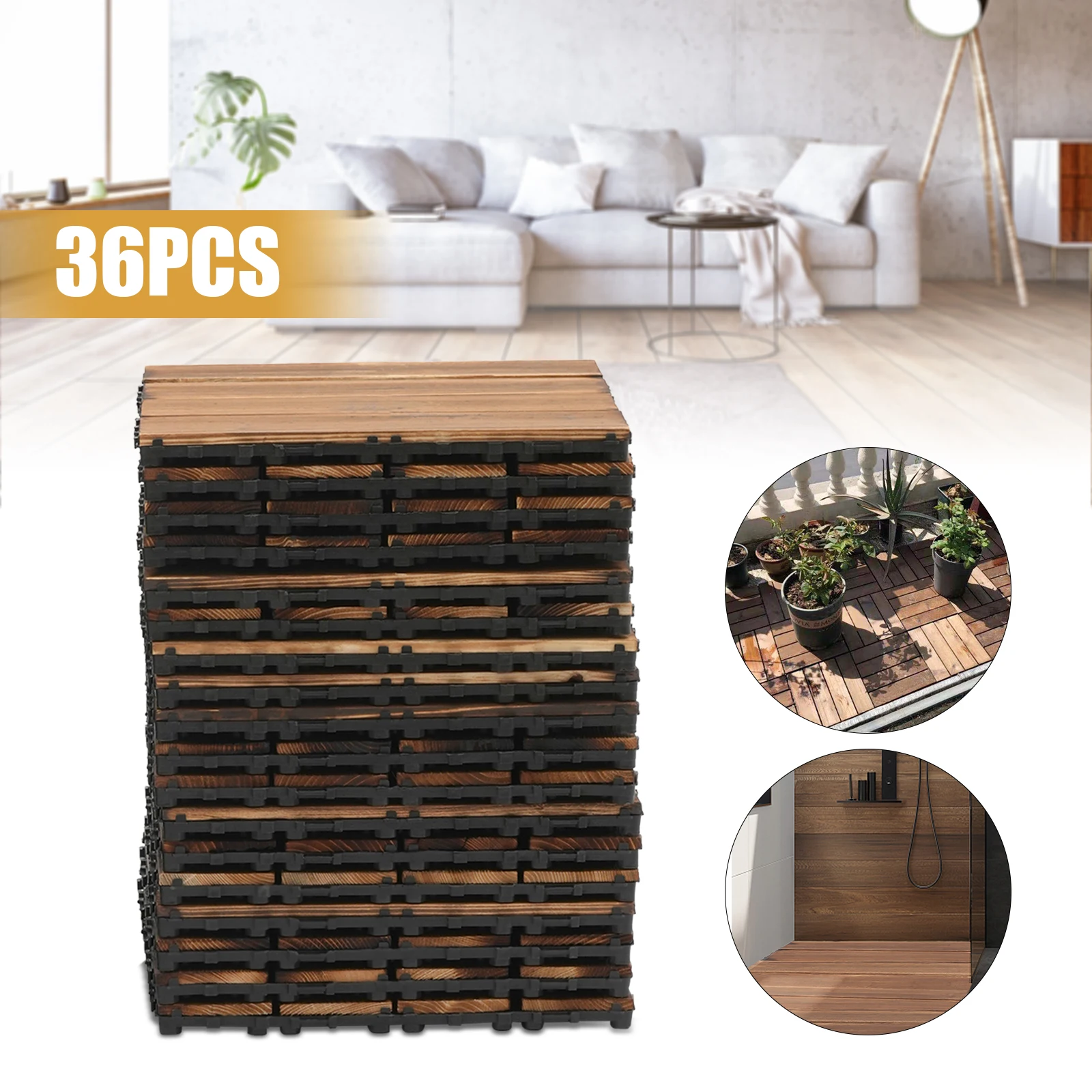 Solid Wood Flooring 36 x Acacia Wood Tiles for Patio Garden Balcony Lawn Backyard Weatherproof Hot Tub 30 x 30 cm