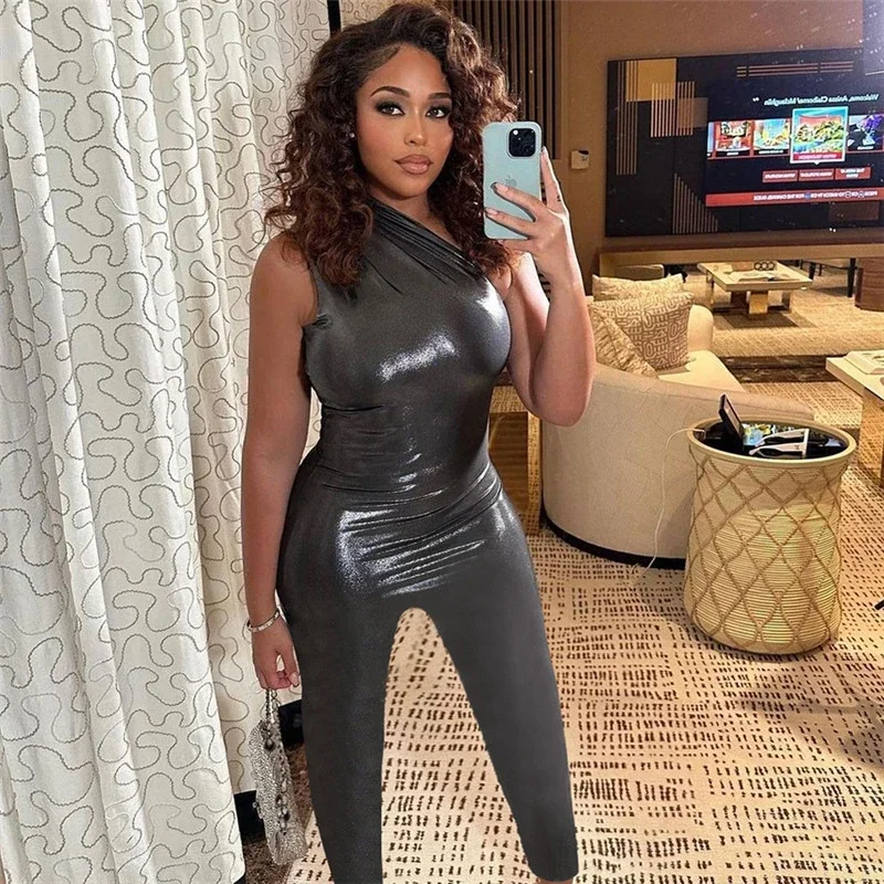 

Shiny Gilding Skinny Jumpsuit Women Sexy One Shoulder Sleeveless Night Club Party One Piece Overalls Casual Y2K Romper