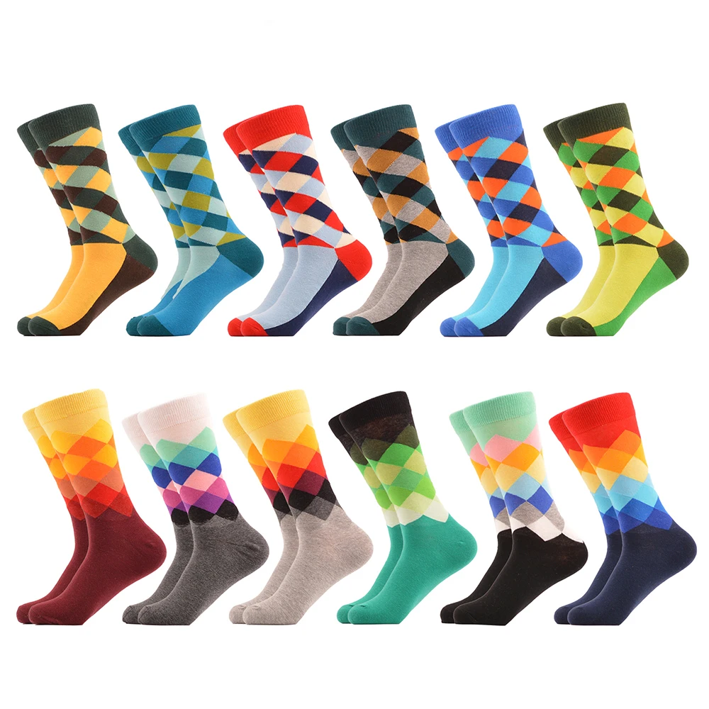 

Men's Dress Colorful Argyle Funny Novelty Combed Cotton Crew Socks - 12 Pack