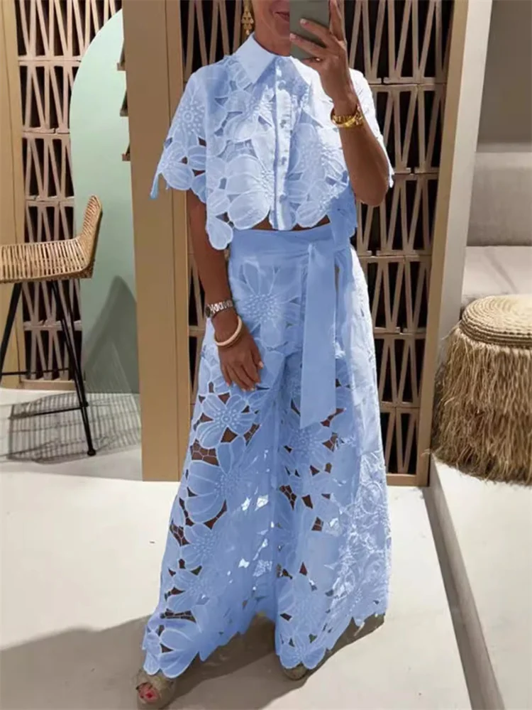 Wmstar Two Piece Set Women Hollow Out  Wide Leg Pants Sets Matching Casual Lace Suit Suits Wholesale Dropshipping New Style