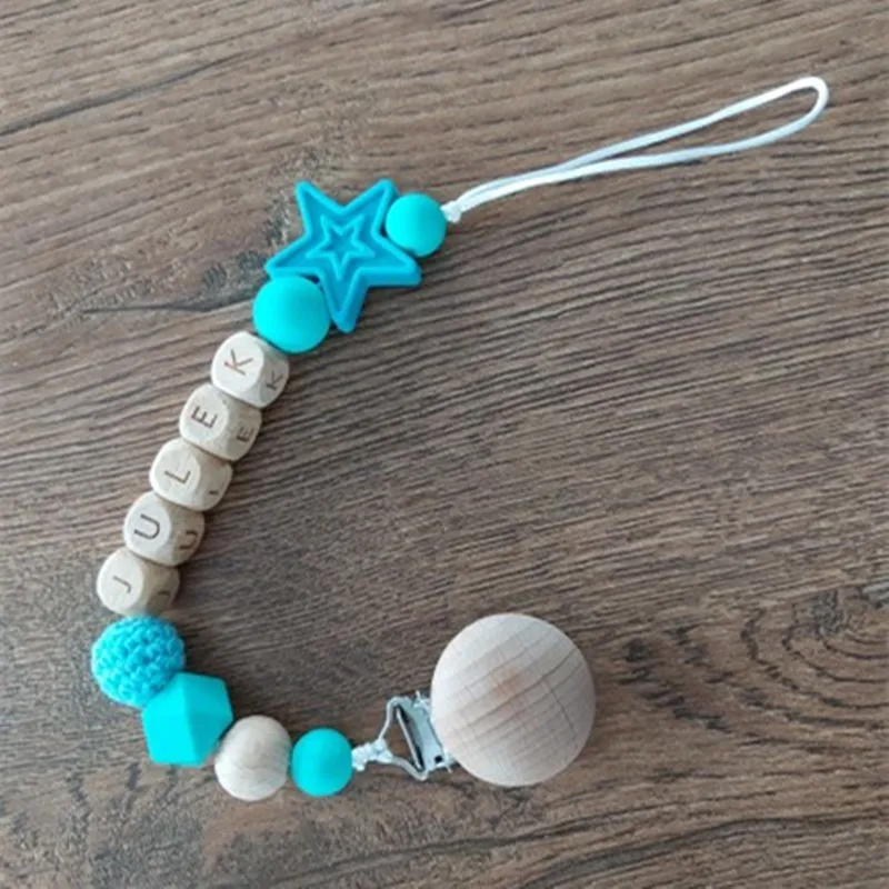 Personalized Name Beech Wood Baby Pacifier Clips Silicone Star Teether Soother Chain Infant Dummy Holder