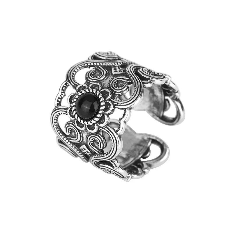 Ethnic Vintage 925 Sterling Silver Obsidian Thai Silver Pattern Open Rings For Women Men Sterling-Silver-Jewelry TYB024 5