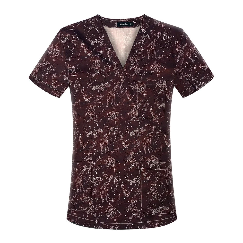 Printed Nurse Scrubs Top Pure Cotton Scrub Shirt Medical Clinic Doctor and Nurse Overalls Short Sleeves V-neck