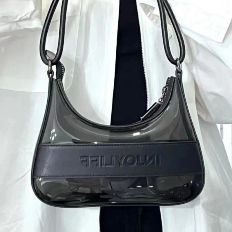 Black Transparent Glossy Panel Underarm Bag Women Fashion Design Minimalist Letter Shoulder Bag Ladies Personality Crossbody Bag