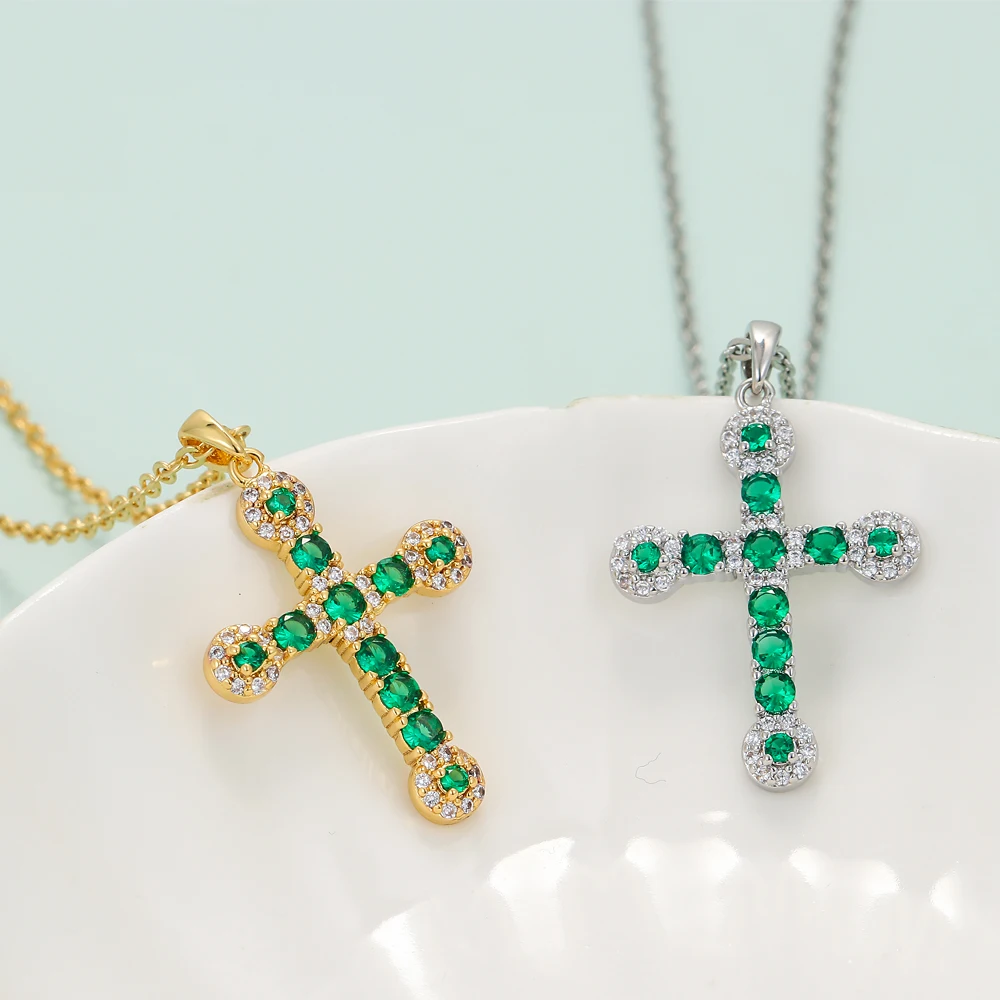 

EYIKA Exquisite Fashion Green Cubic Zirconia Cross Pendant Necklace Gold Silver Color Collier Lady Women Christian Jewelry Gift
