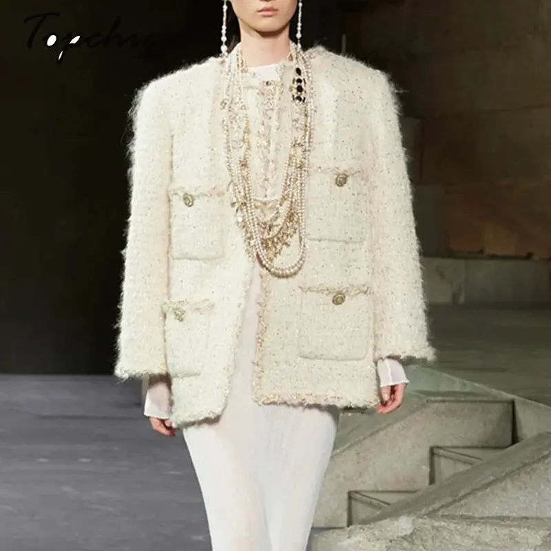 

30% Wool Coat 2023 Elegant O-neck Single Breasted Beige Tweed Jacket for Women Autumn Winter Clothes Korean Fashion Outwears