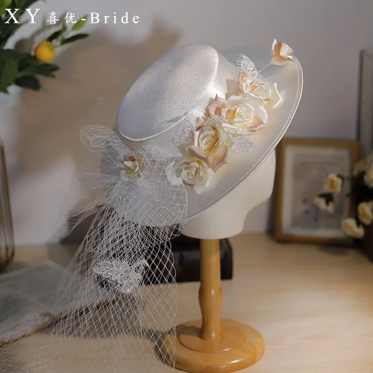 Brand White Satin Flower Fedoras For Women Large Deep Wedding Hat With Face Veil Bride Photo Shooting Fascinator Hat Headdress