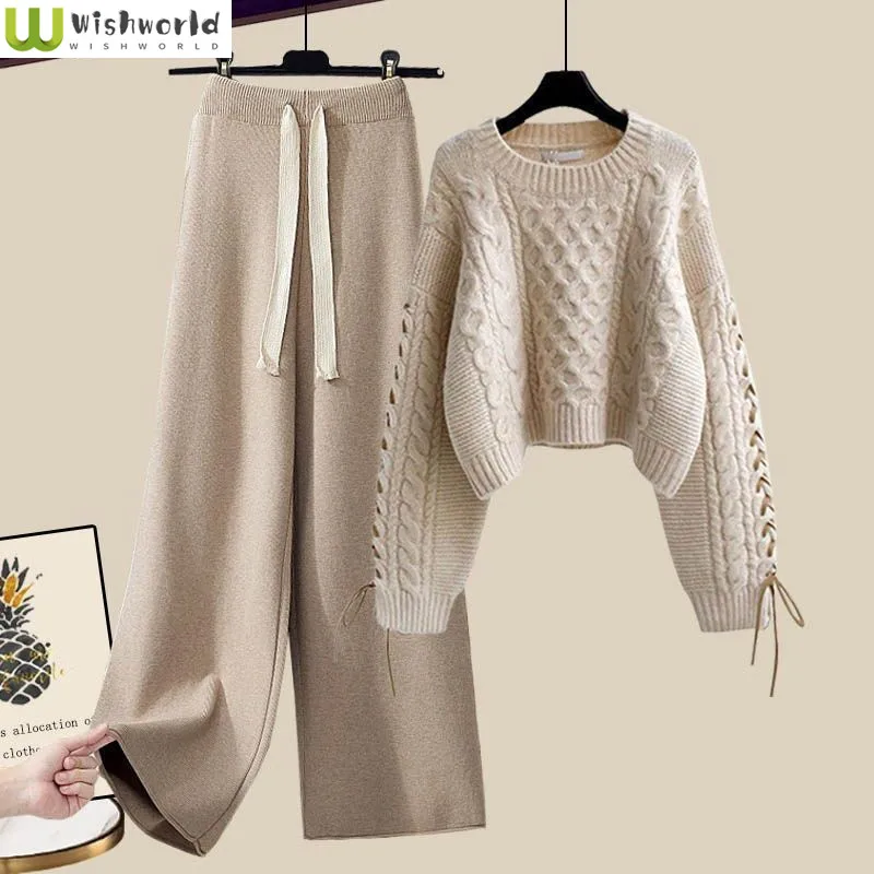 Hand-woven Thickened Winter Creative Knitting Sweater Pullover Casual Wide Leg Trousers Two-piece Elegant Women's Trousers Set dent al low speed 1 1 air turbine hand piece dent al contra angle handpiece