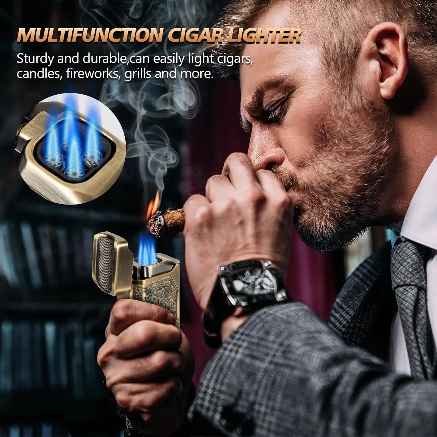 Cigar Lighter 4 Jet Flame Refillable Butane Lighter with Cigar Cutter V Cut Punch Holder Draw Enhancer butane gas lighter