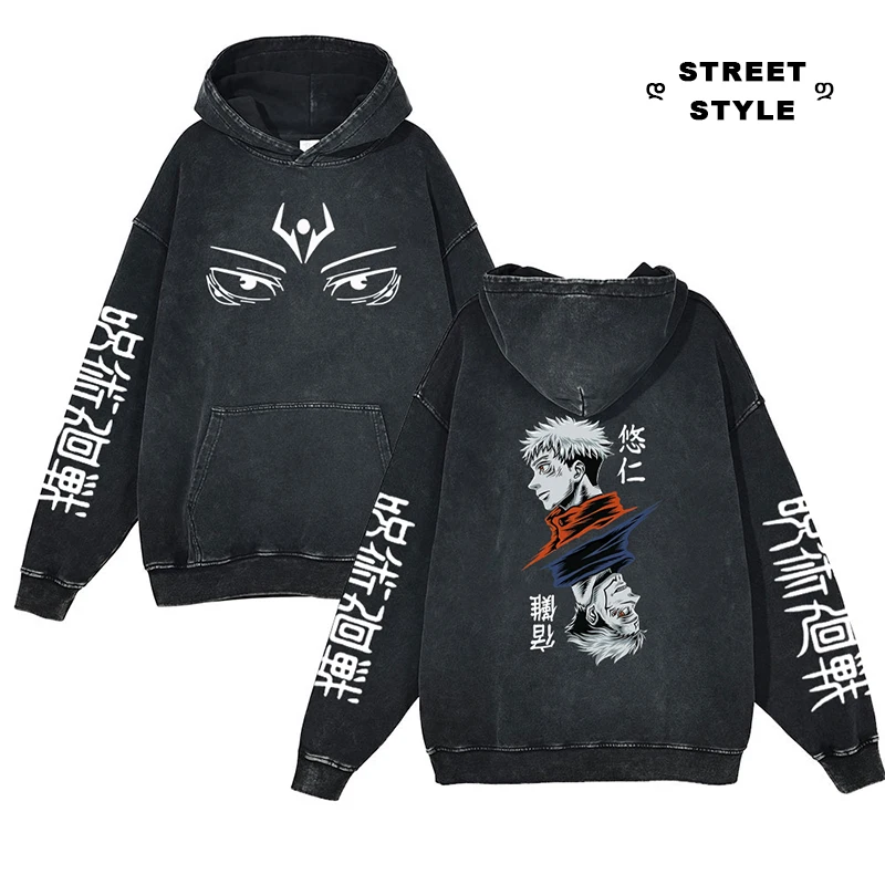 

Anime Jujutsu Kaisen Hoodie Ryomen Sukuna Sweatshirts 100% Cotton Vintage Acid Washed Pullover Unisex Hip Hop Casual Streetwear