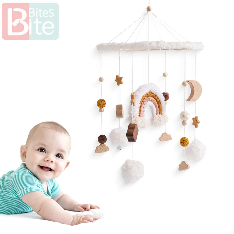 

Baby Rattle Toy Rainbow tassel star and moon bed bell Mobile Wooden Newborn Hanging Toys 0-12 Month Bed Bell Bracket Infant Crib