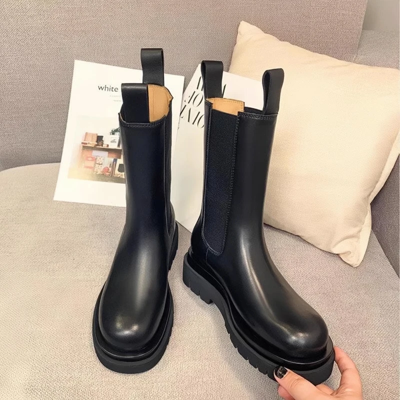 

Round Head Slip On Botte Femme Women Solid Color Short Boots Mid-calf Leather Botas Shoes Thick Heel Zapatos Mujer