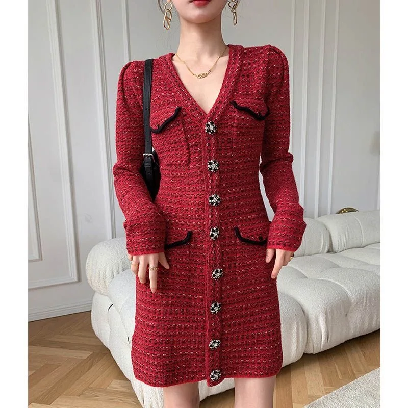Early Autumn French Knitted V-neck Red Dress Women's Wear