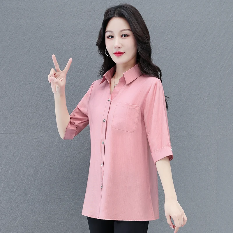 New Fashionable And Versatile Pure Color Comfortable 5-Point Sleeve Top Women'S Spring And Summer Collar Casual Slimming Shirt