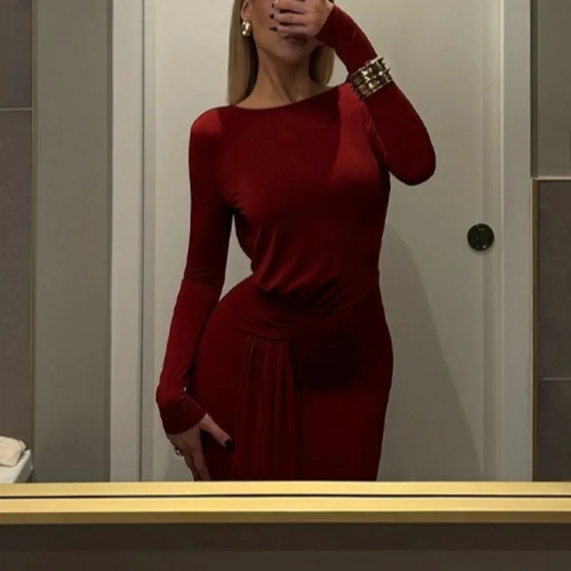 New Fashion Red Women's Round Neck Long-sleeved Backless Slim Dress Elegant Waist Lace-up Solid Color Long Dress Evening Dress