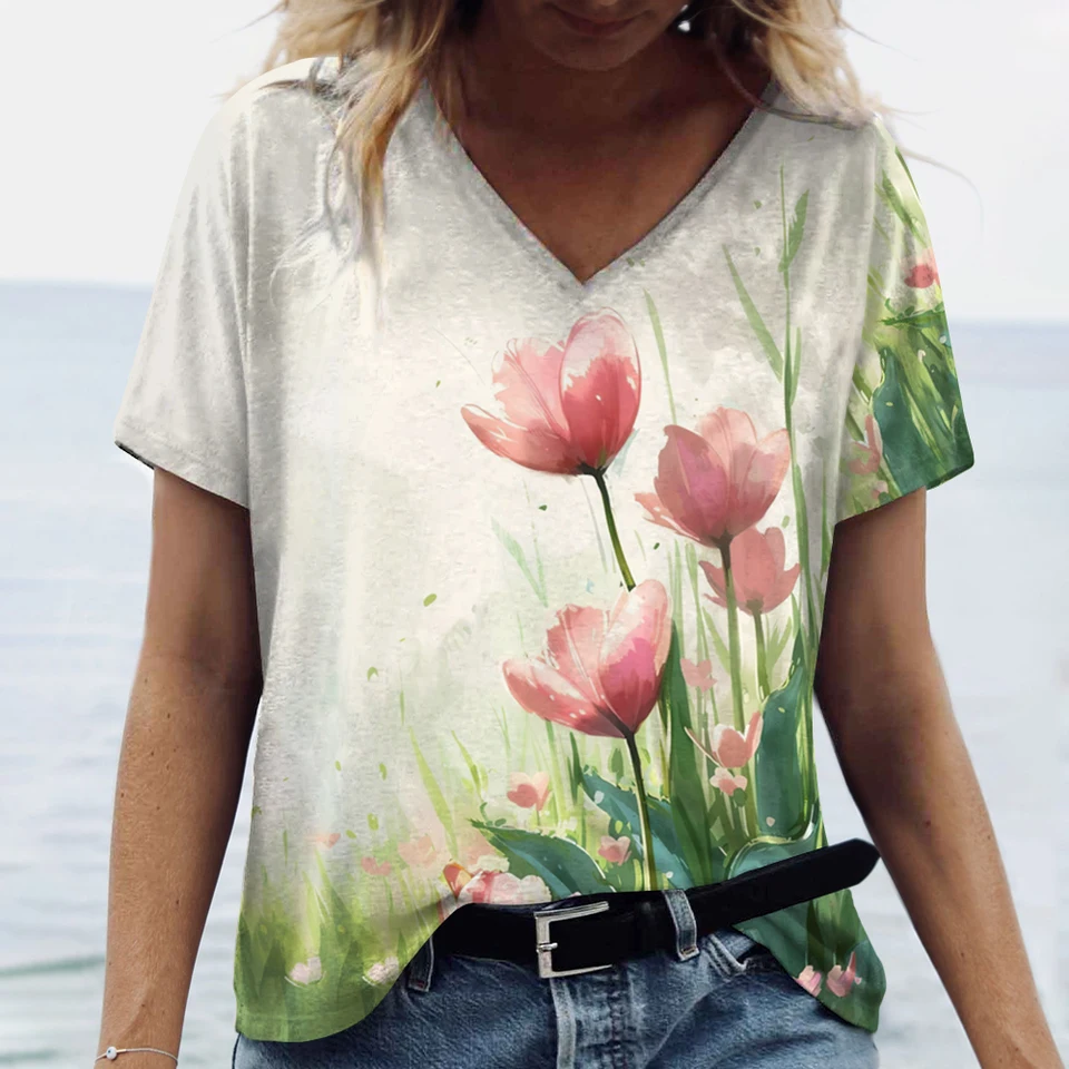 Camicia Donna Con Stampa Girasole, Maniche Corte, Taglie Forti, Top Estivo Casual, 2024
