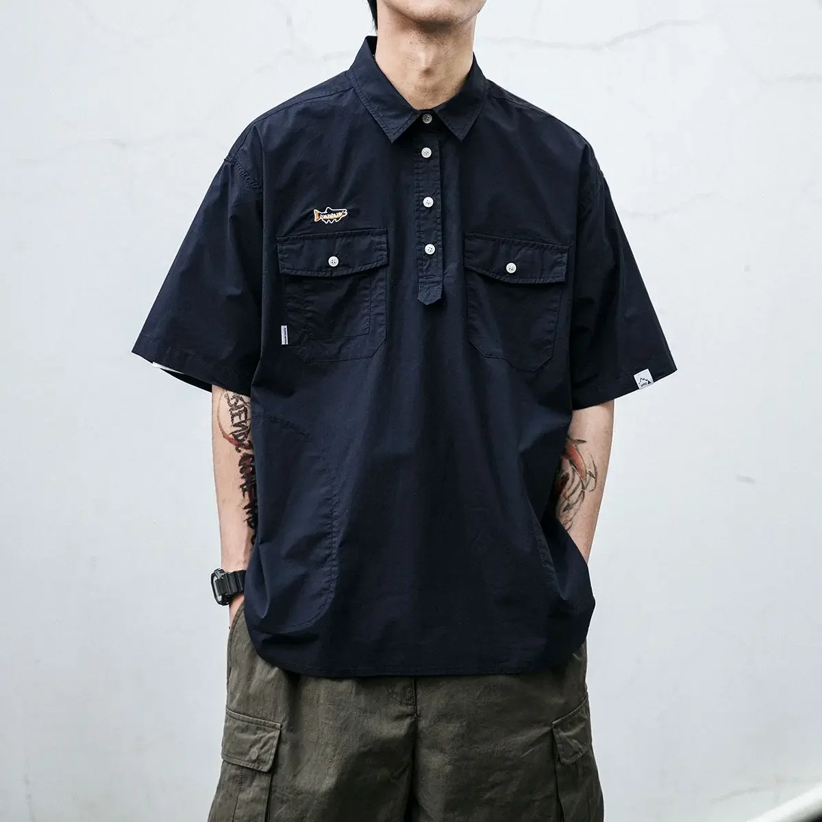 Summer Japanese retro work wear POLO collar short-sleeved shirt men's trendy brand high end casual T-shirt half sleeved t shirts