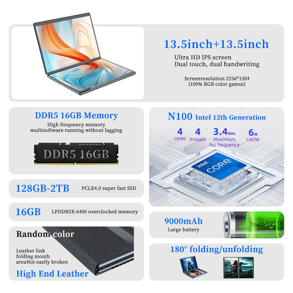BYONE BY135 Dual Screen Laptop Intel N100 DDR5 16G RAM M.2 SSD 13.5 Inch 2.5K Touch Screen Notebook 9000Mah Computer PC Office 2