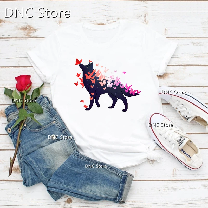 

Fashion Women'S T-Shirt Butterfly And Wolf Graphic Print TShirt Femme Summer Aesthetic Clothe White O-Neck Shirt Shirt Wholesale