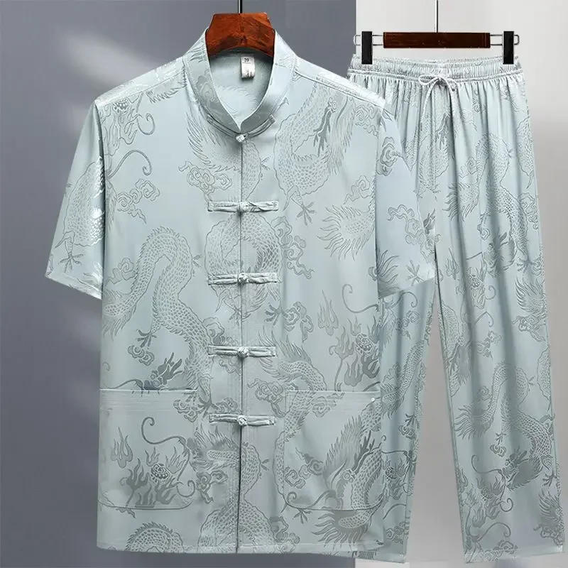 Casual Ice Silk Tang Suit Men's Short Sleeve Loose Fit Plus Size Chinese Style Father Hanfu Summer Clothing For Middle-Aged And