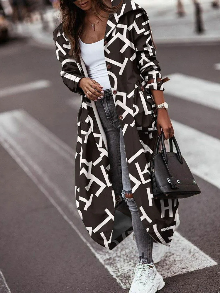 

Fashion Printed Long Sleeve Trench Coats For Women 2023 Autumn Winter Elegant Hoodie Buttons Pocket Casual Cardigan Outwears