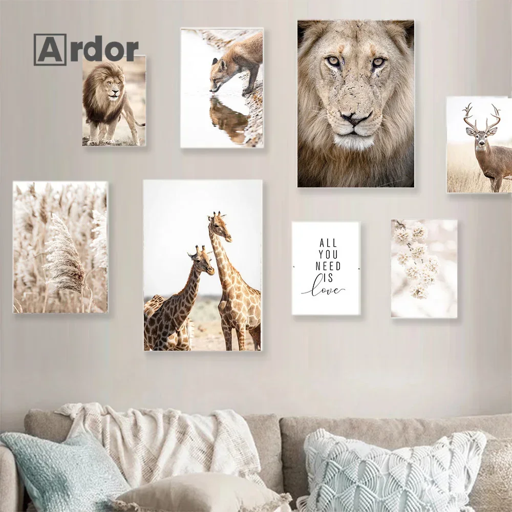 

Beige Pampas Grass Art Poster Lake Reed Deer Canvas Painting Giraffe Lion Animal Elk Nordic Wall Pictures Living Room Home Decor