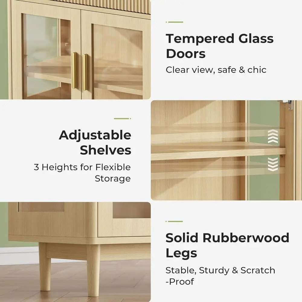 Sideboard et Cabinet with Drawers, Modern Kitchen Storage Cabinet with Adjustable Shelves and Tempered Glass Doors, Wood Cof