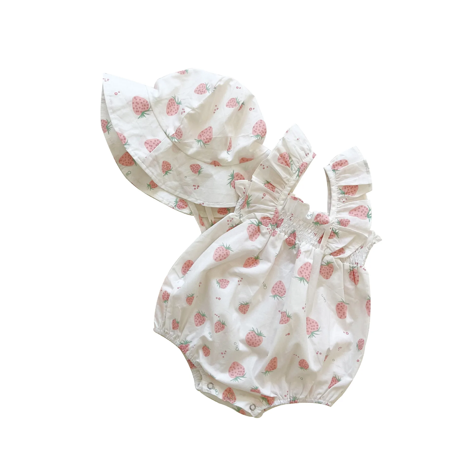 2023 New In Summer Newborn Girls Fly Sleeve Strap Flower Print Cotton Outdoor Clothing Jumpsuits Kids Baby Infant Bodysuit+hat
