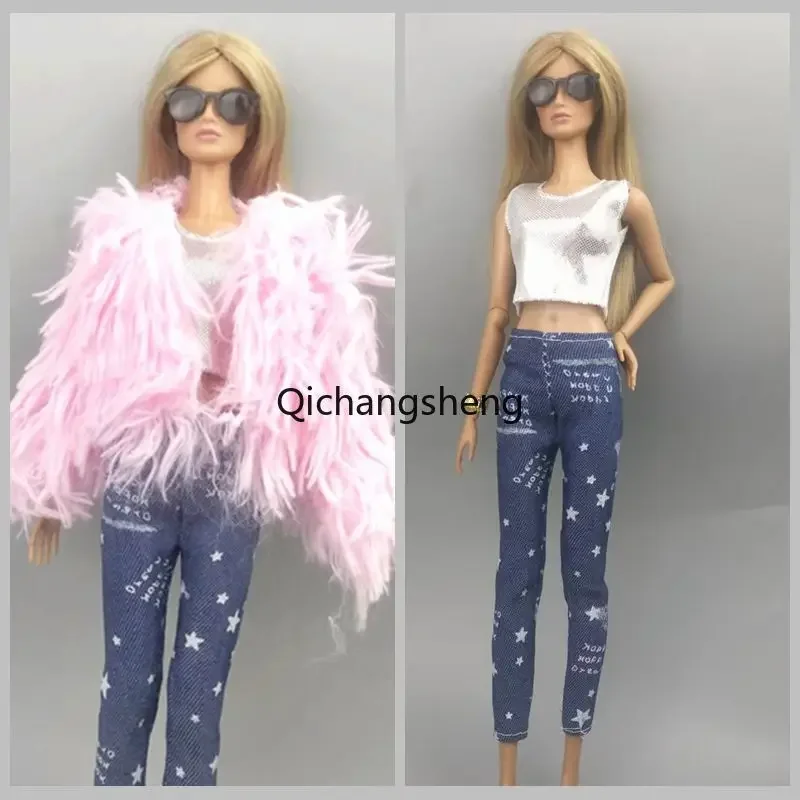 

Pink Fur Coat Vest Jeans Pants 1/6 Doll Outfit Set For Barbie Clothes For Barbie Doll Accessories Clothing Top Trousers Toy 30cm
