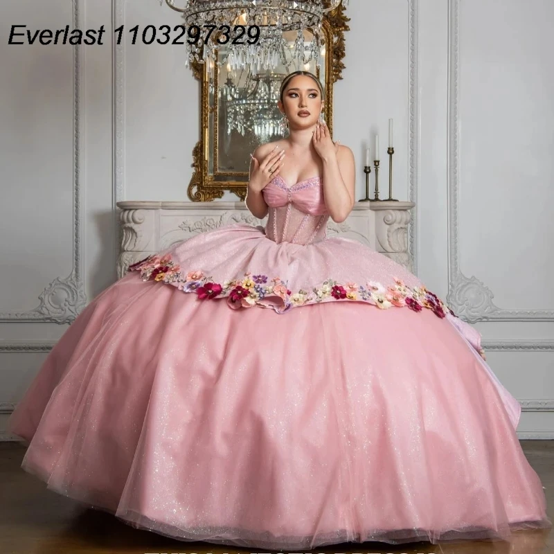 

EVLAST Glitter Pink Quinceanera Dress Ball Gown 3D Floral Applique Beading Tiered Ruffles Sweet 16 Vestido De 15 Anos TQD400