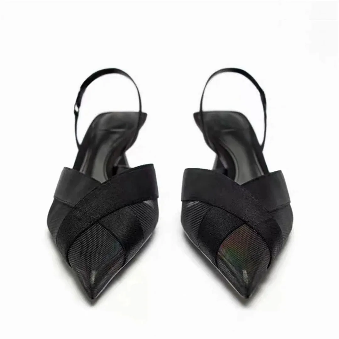 Point Head Kitten Heel Slingbacks Pumps For Women French Style Black Closed Head Mid-Heel Sandals Summer Sexy Cross Satins Shoes 3