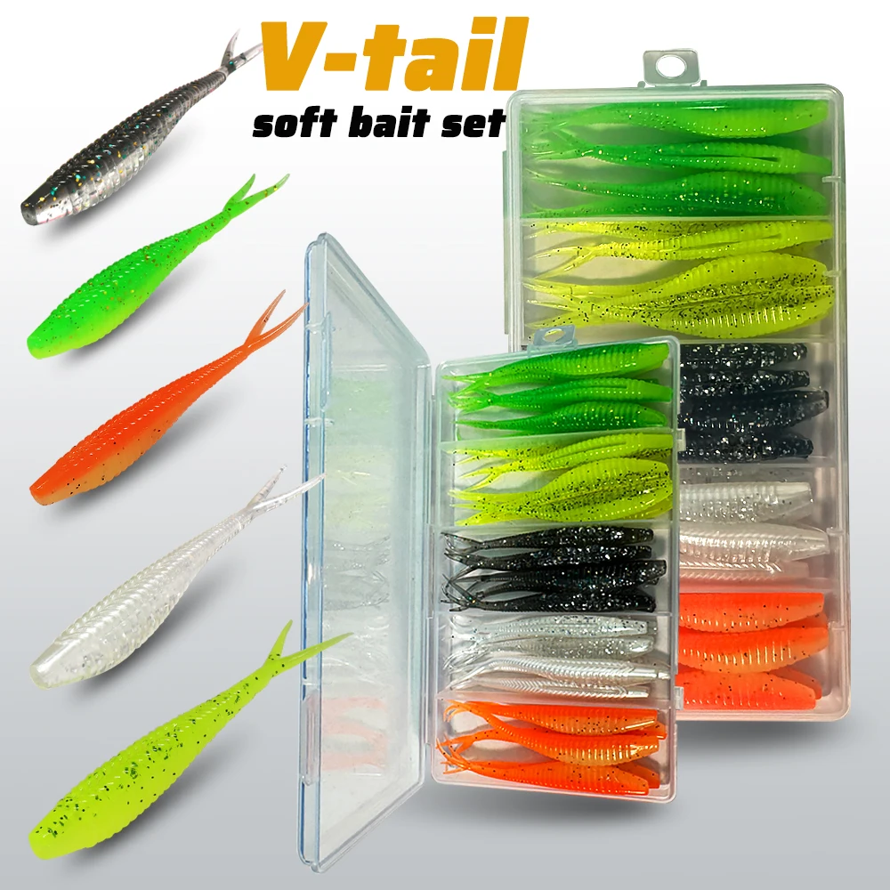 33PCS Set Weicher Köder Fihshhook Bionic Fisch 7cm V Schwanz Kurbel Wurm Haken Popper Pesca Getriebe Swimbait angelgerät Box Silikon Köder