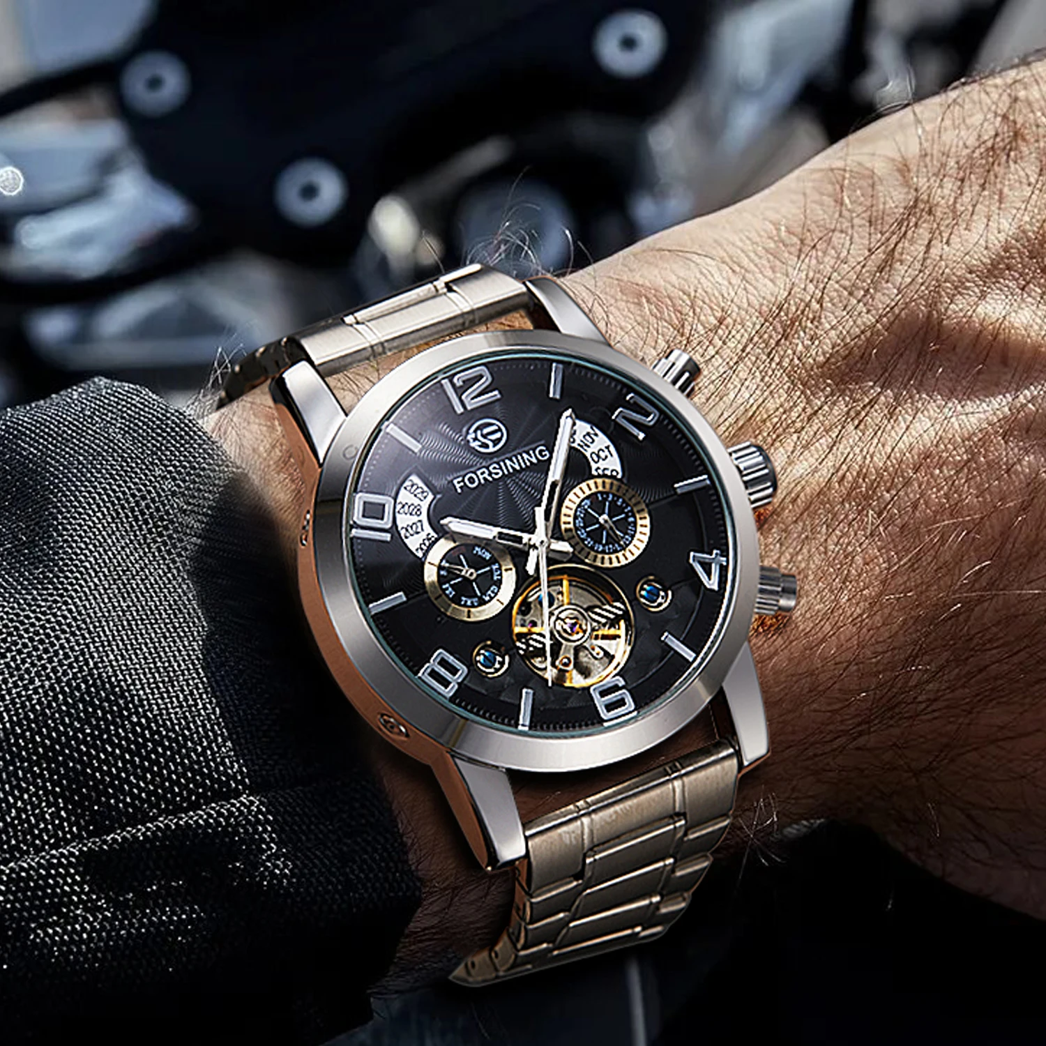 FORSINING Stainless Steel Strip Perpetual Calendar Tourbillon Automatic Movement Big Man Watch Mechanical High-end luxury Clock