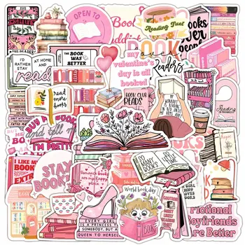 50 Pezzi Adesivi Carini Rosa a Tema Lettura e Libri, Stile Cartone Animato, per Fai da Te, Telefono, Laptop, Bagagli, Skateboard, Graffiti, Divertenti per Regalo