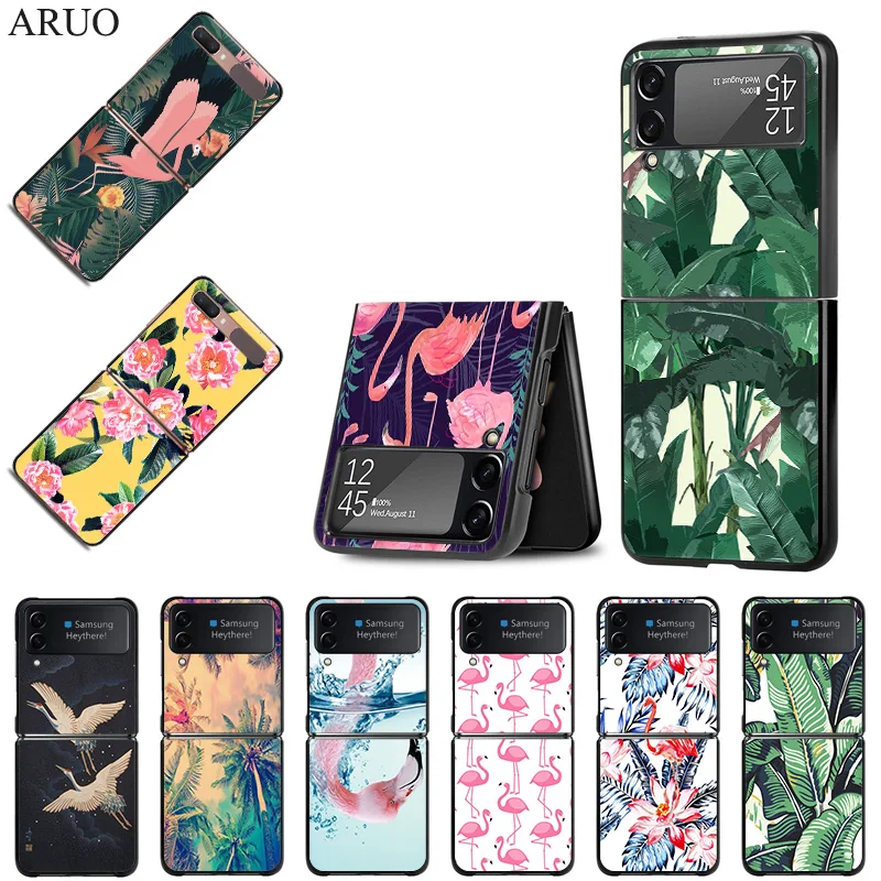 Coque Rigide Noire À Motif De Feuilles Tropicales, Flamand Rose, Pour Samsung Galaxy Z, Flip 4, 5G, Haute Qualité